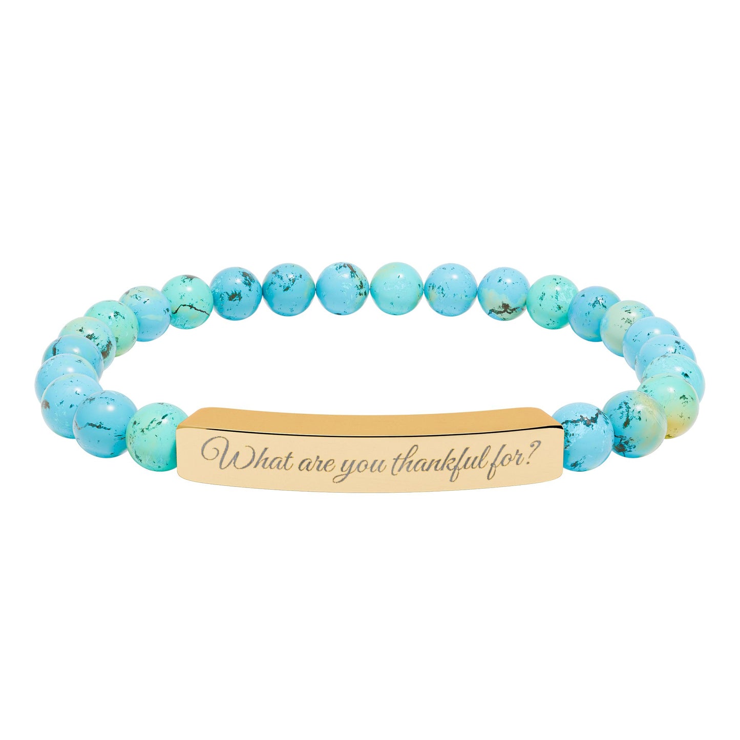 "What are you thankful for?" Natural Stone Stretch Bar Bracelet (Engraving)