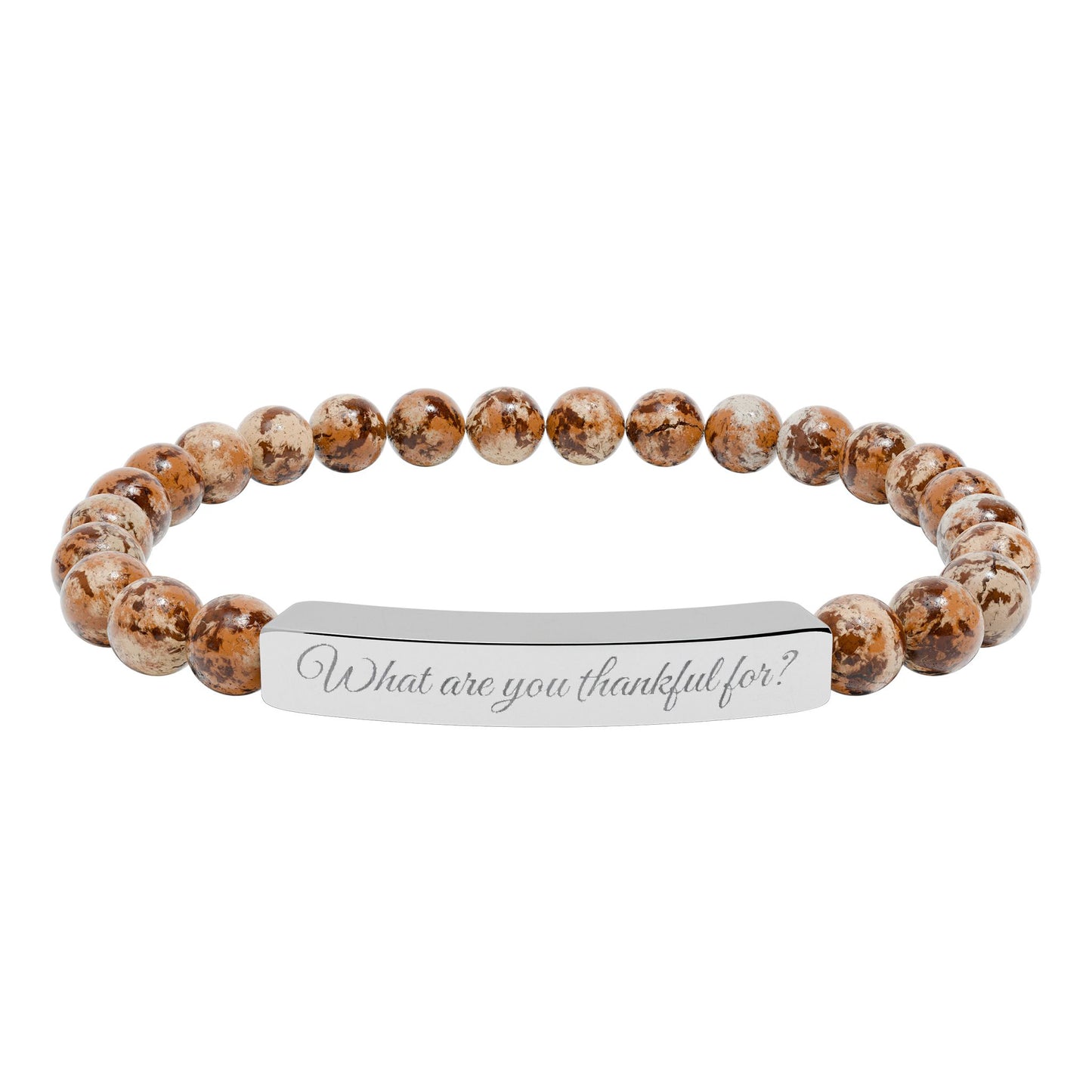 "What are you thankful for?" Natural Stone Stretch Bar Bracelet (Engraving)