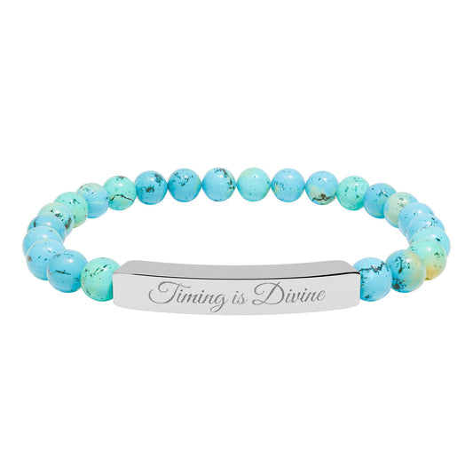 “Timing Is Divine” Engraved Natural Stone Bead Bracelet — Personalized Bar Stretch Bracelet