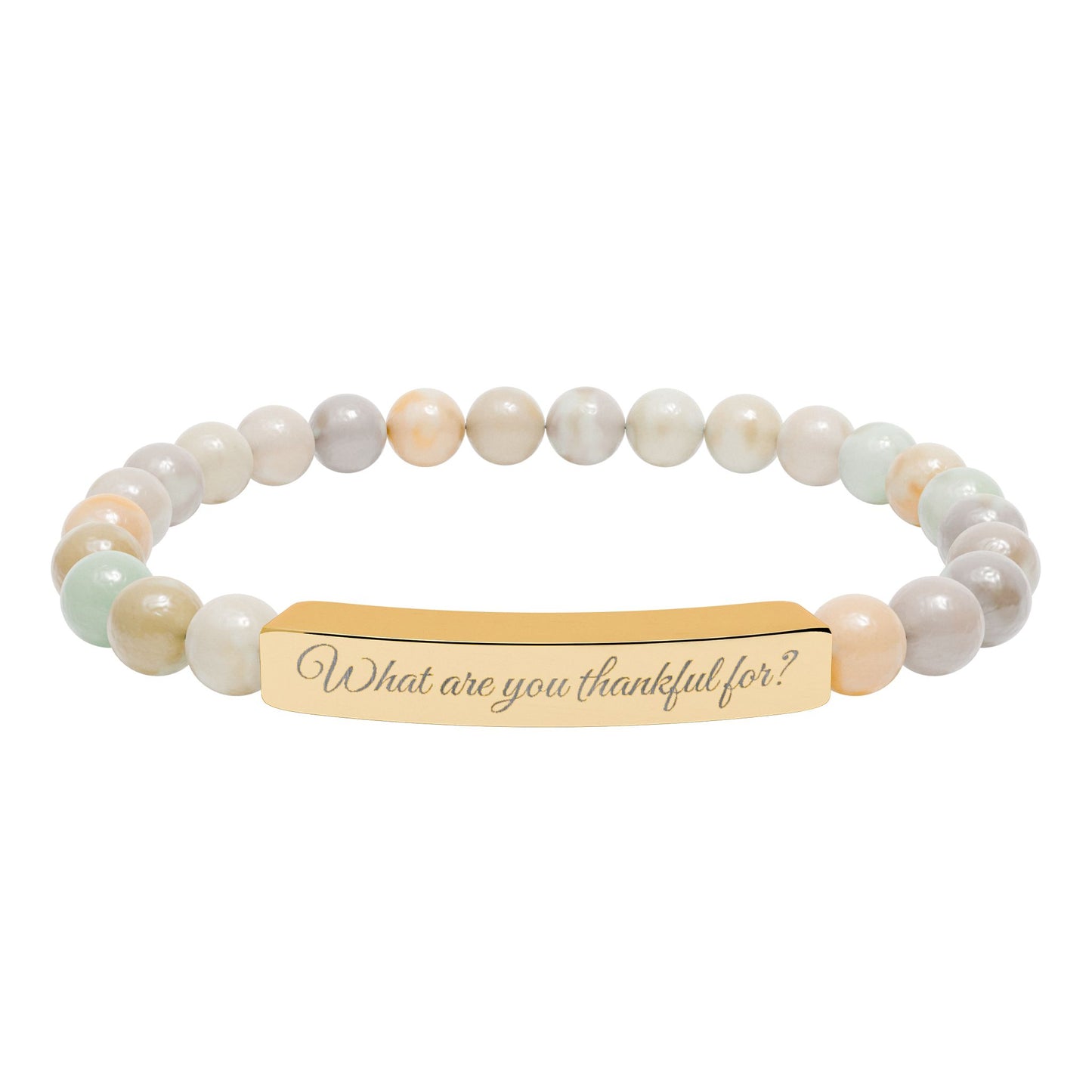 "What are you thankful for?" Natural Stone Stretch Bar Bracelet (Engraving)