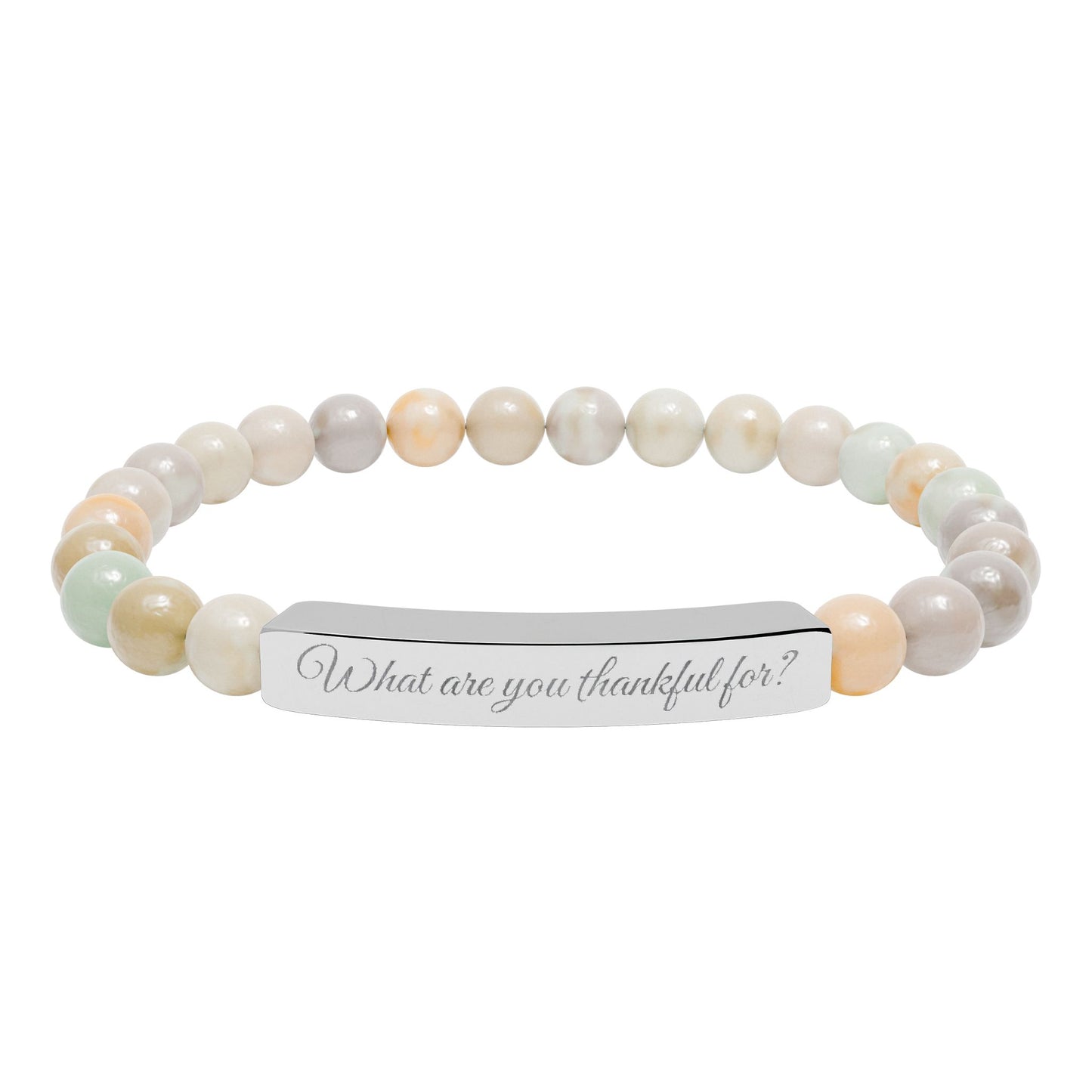 "What are you thankful for?" Natural Stone Stretch Bar Bracelet (Engraving)
