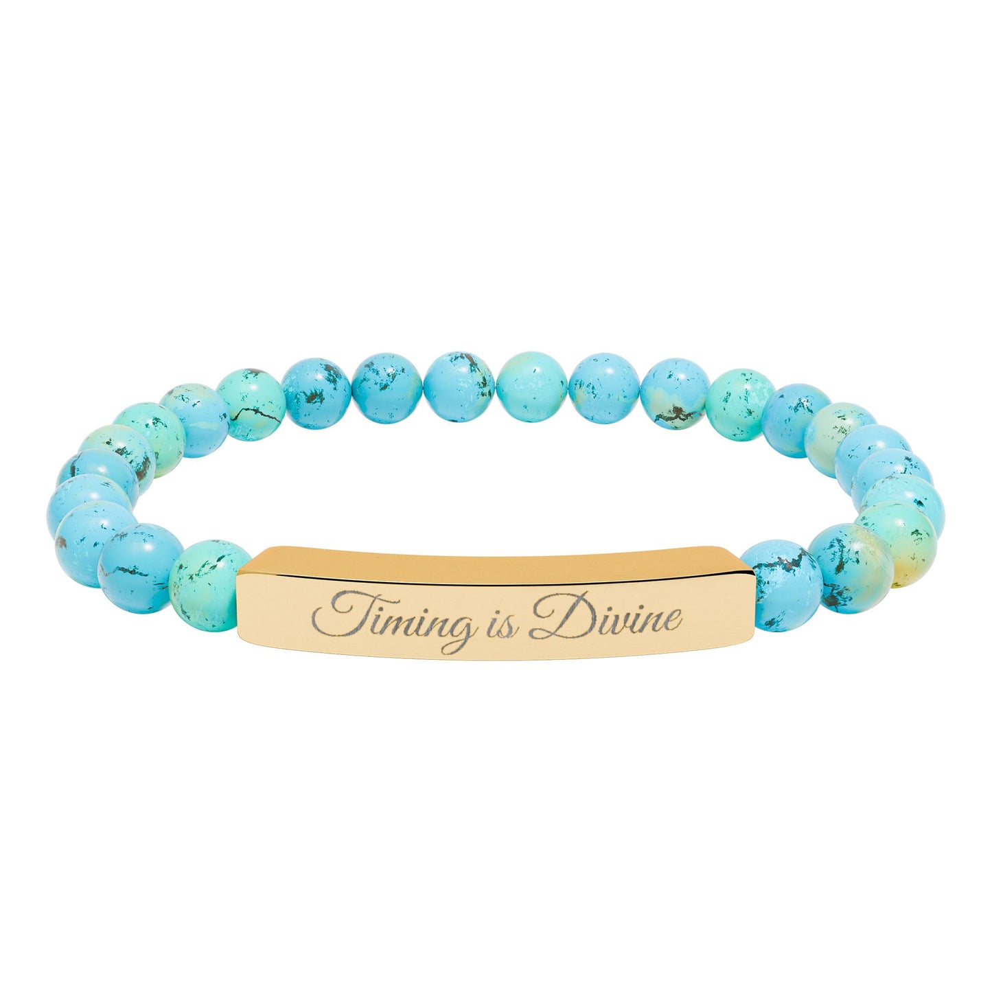 “Timing Is Divine” Engraved Natural Stone Bead Bracelet — Personalized Bar Stretch Bracelet
