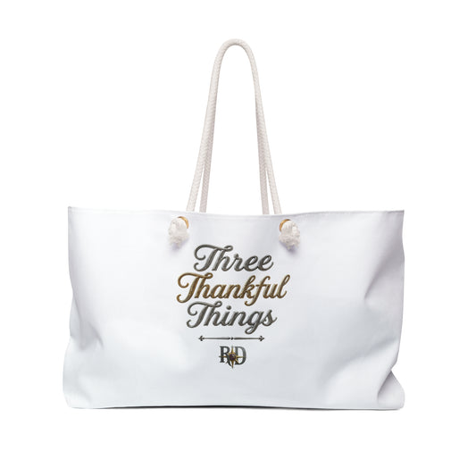 Weekender Bag — "Three Thankful Things / What Are You Thankful For?" Canvas Travel Tote