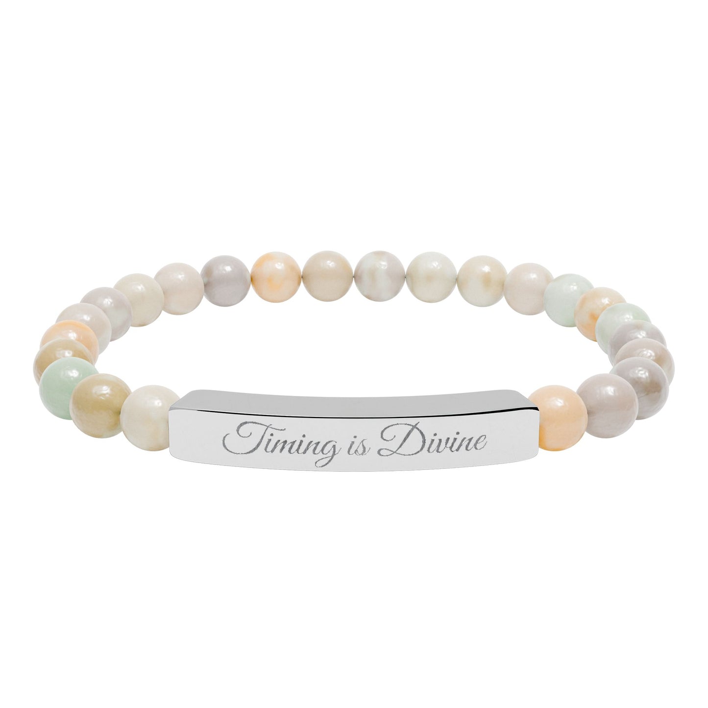 “Timing Is Divine” Engraved Natural Stone Bead Bracelet — Personalized Bar Stretch Bracelet