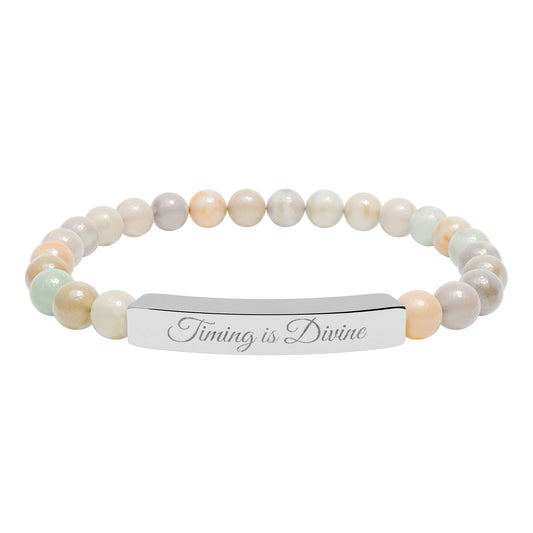 “Timing Is Divine” Engraved Natural Stone Bead Bracelet — Personalized Bar Stretch Bracelet