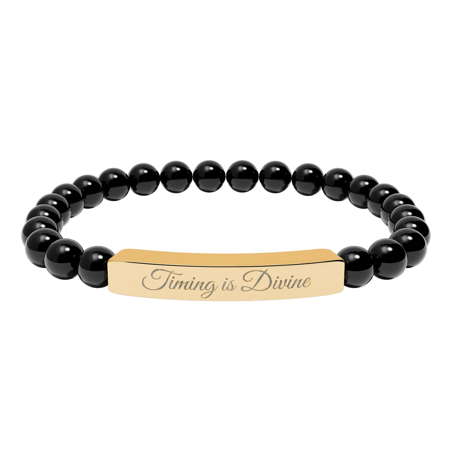 “Timing Is Divine” Engraved Natural Stone Bead Bracelet — Personalized Bar Stretch Bracelet