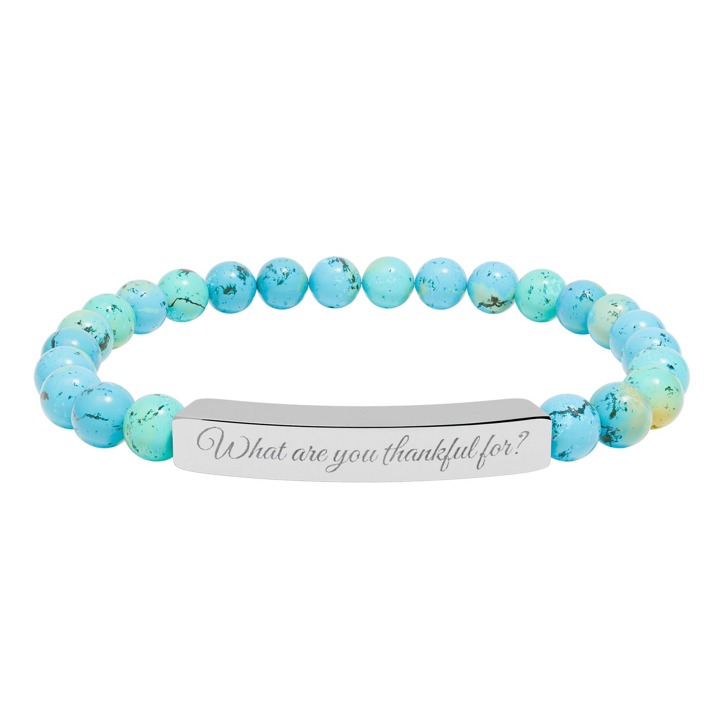 "What are you thankful for?" Natural Stone Stretch Bar Bracelet (Engraving)