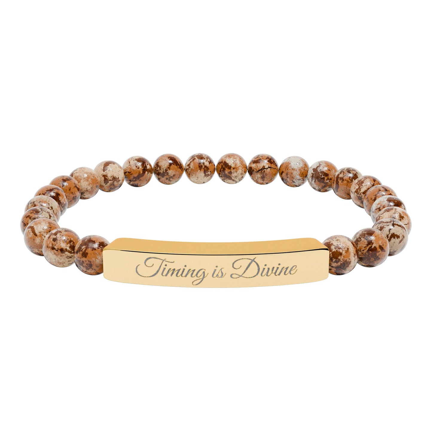 “Timing Is Divine” Engraved Natural Stone Bead Bracelet — Personalized Bar Stretch Bracelet
