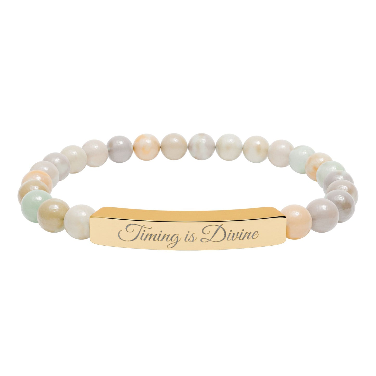 “Timing Is Divine” Engraved Natural Stone Bead Bracelet — Personalized Bar Stretch Bracelet