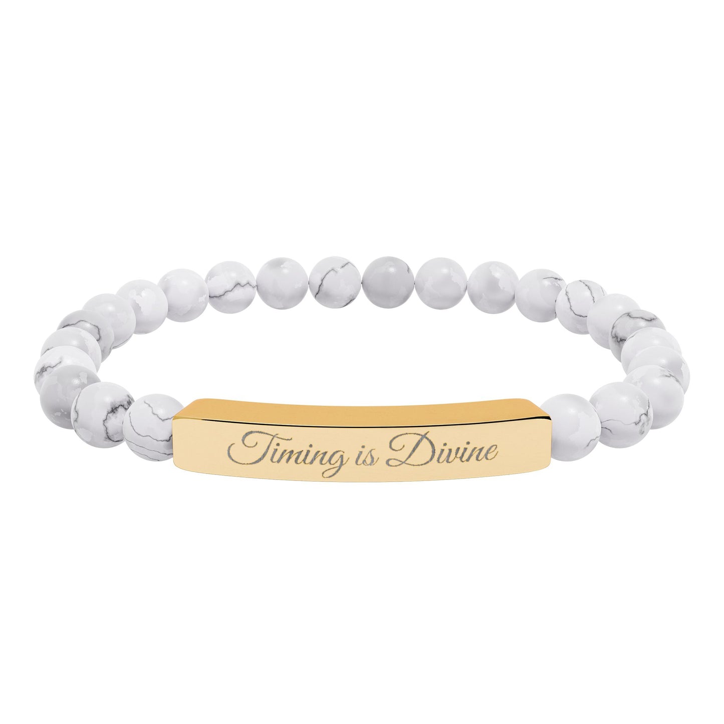 “Timing Is Divine” Engraved Natural Stone Bead Bracelet — Personalized Bar Stretch Bracelet